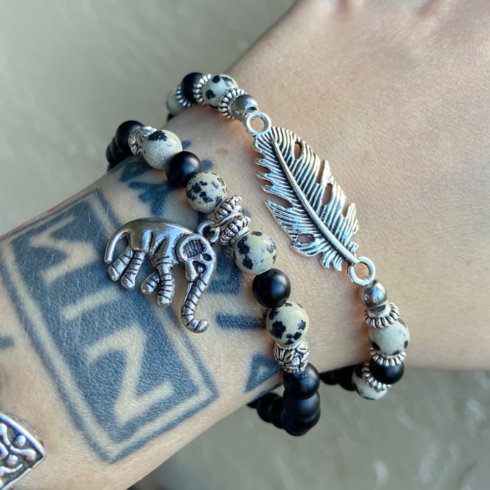 Onyx & jasper elephant leaf feather set bracelets - Picture 7 of 13